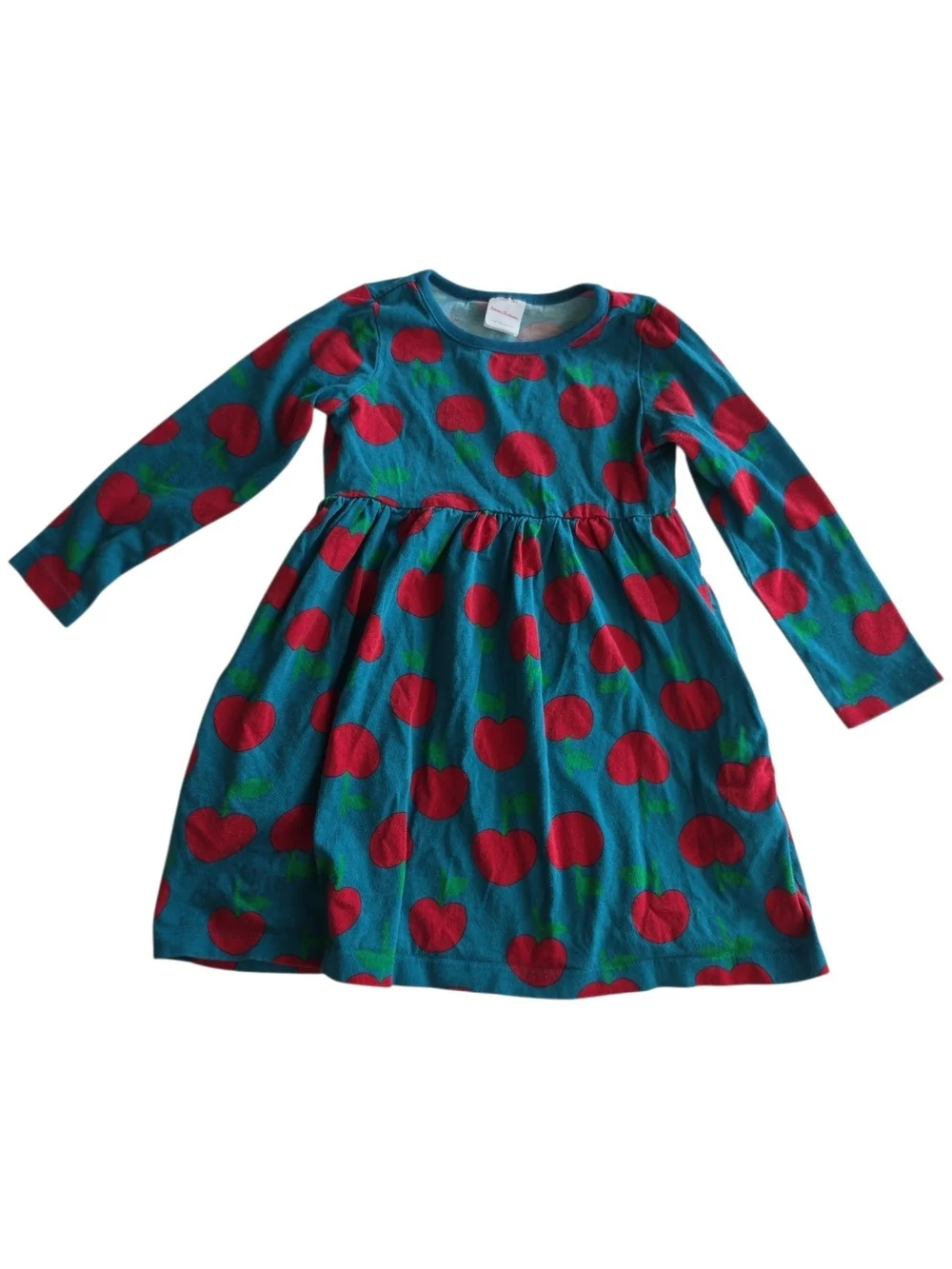 HANNA ANDERSSON | Apple Print Pocket Long Sleeve Cotton Dress Dark Teal | 4